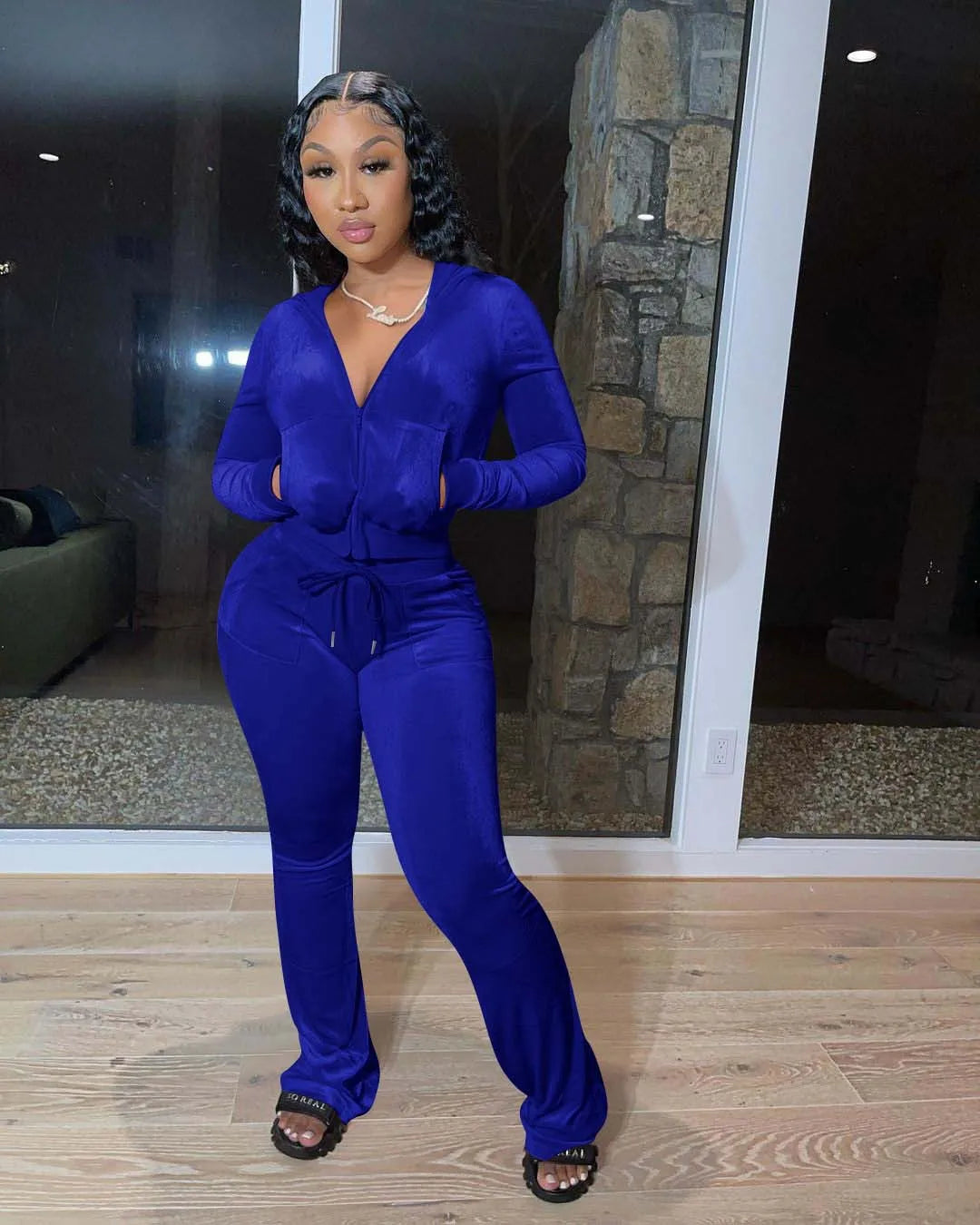 Hooded Zip Top And High Waist Pants Outfit Set for Women