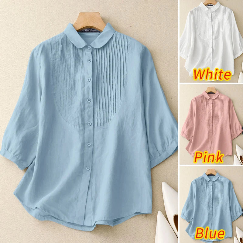 ZANZEA Women Vintage Pintuck Shirts Casual Turn-Down Collar Half Puff Sleeve Button Up Chemises Femme Street Fashion Solid Tops