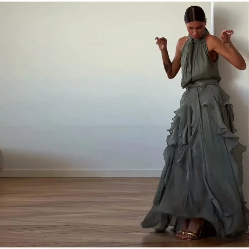 Cascading Ruffle Pleated Maxi Dress with Lace Up for Women