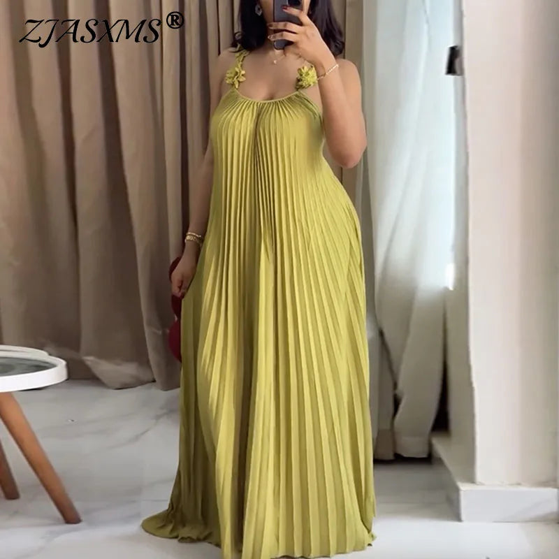 Pleated Strapless Flower Detail Maxi Dress for Women