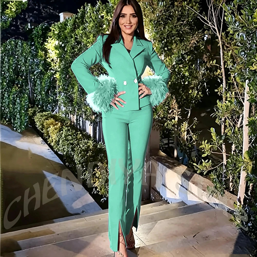 Luxury Feather Women's Suit Sim Fit Peak Lapel Jacket Pants with Split Fashion Outfit for Office Lady Party Business Wear