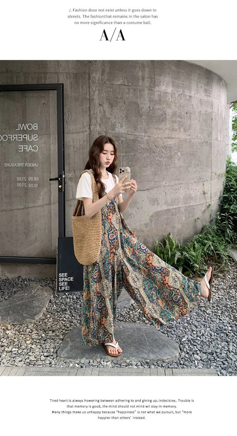 Vintage Bohemian Printed Wide Leg Casual Jumpsuit For Women