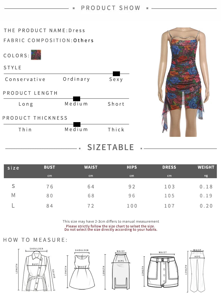 Floral Print Rhinestone Chain Low Neck Backless Mini Dress for Women