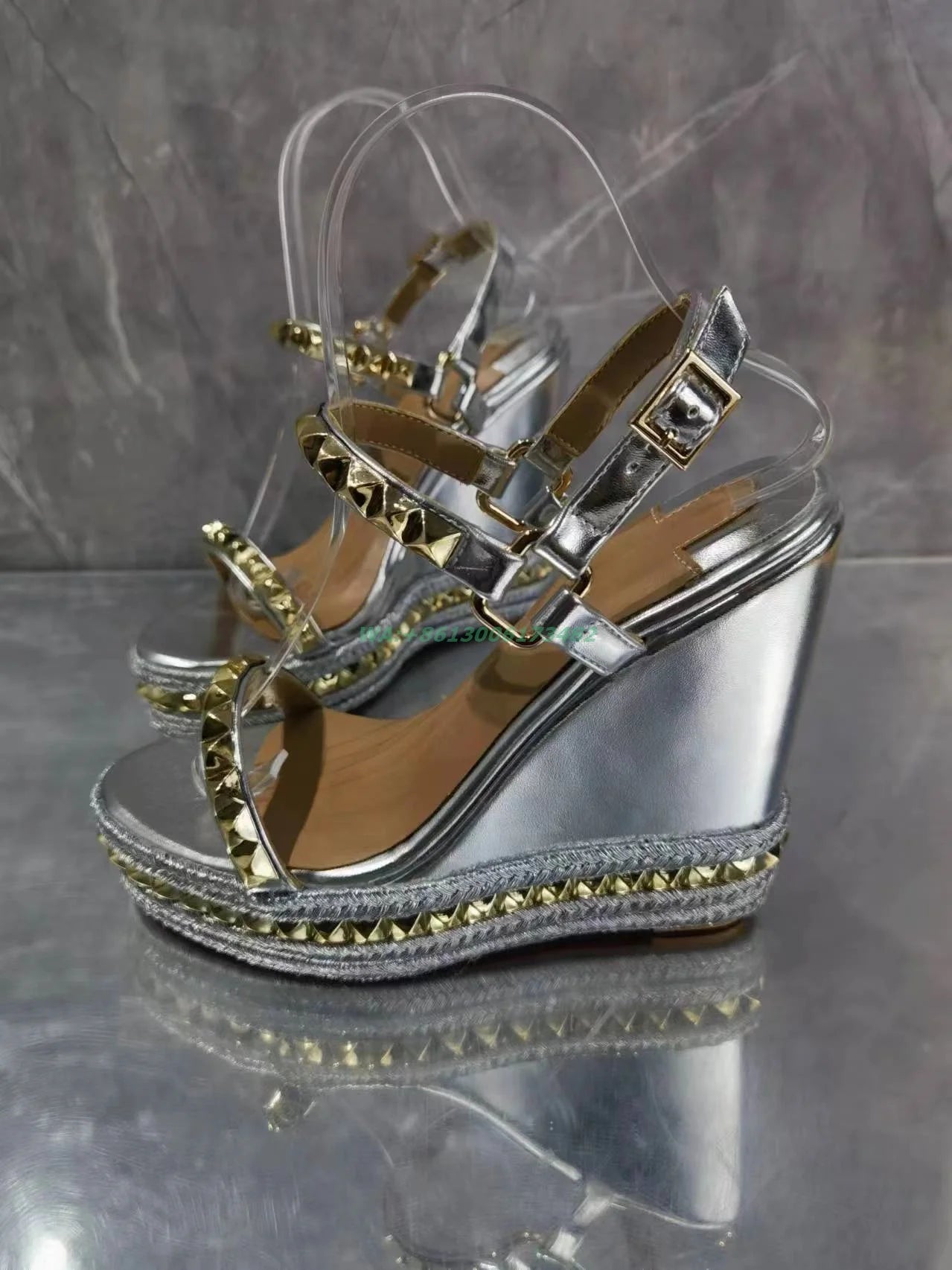 Design Women Summer Silver High Wedge Sandal Open Toe Gold Rivets Wedge Heel High Platform Slingback Buckle Strap Silver Sandal
