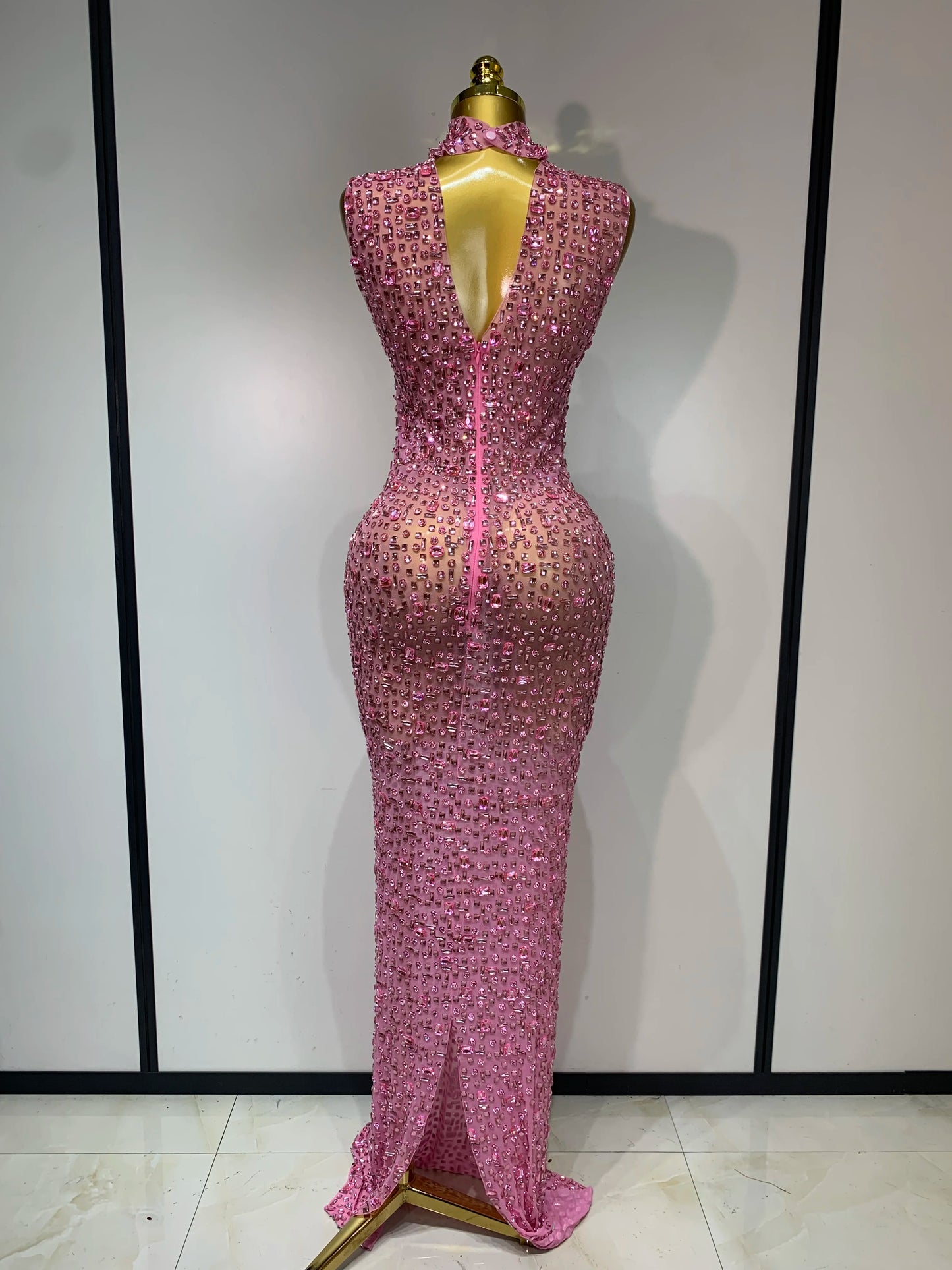 Sparkly Gold Rhinestone Sleeveless Stretch Long Dress Women Sexy Mesh Celebrate Evening Prom Birthday Dress Photo Shoot Wear