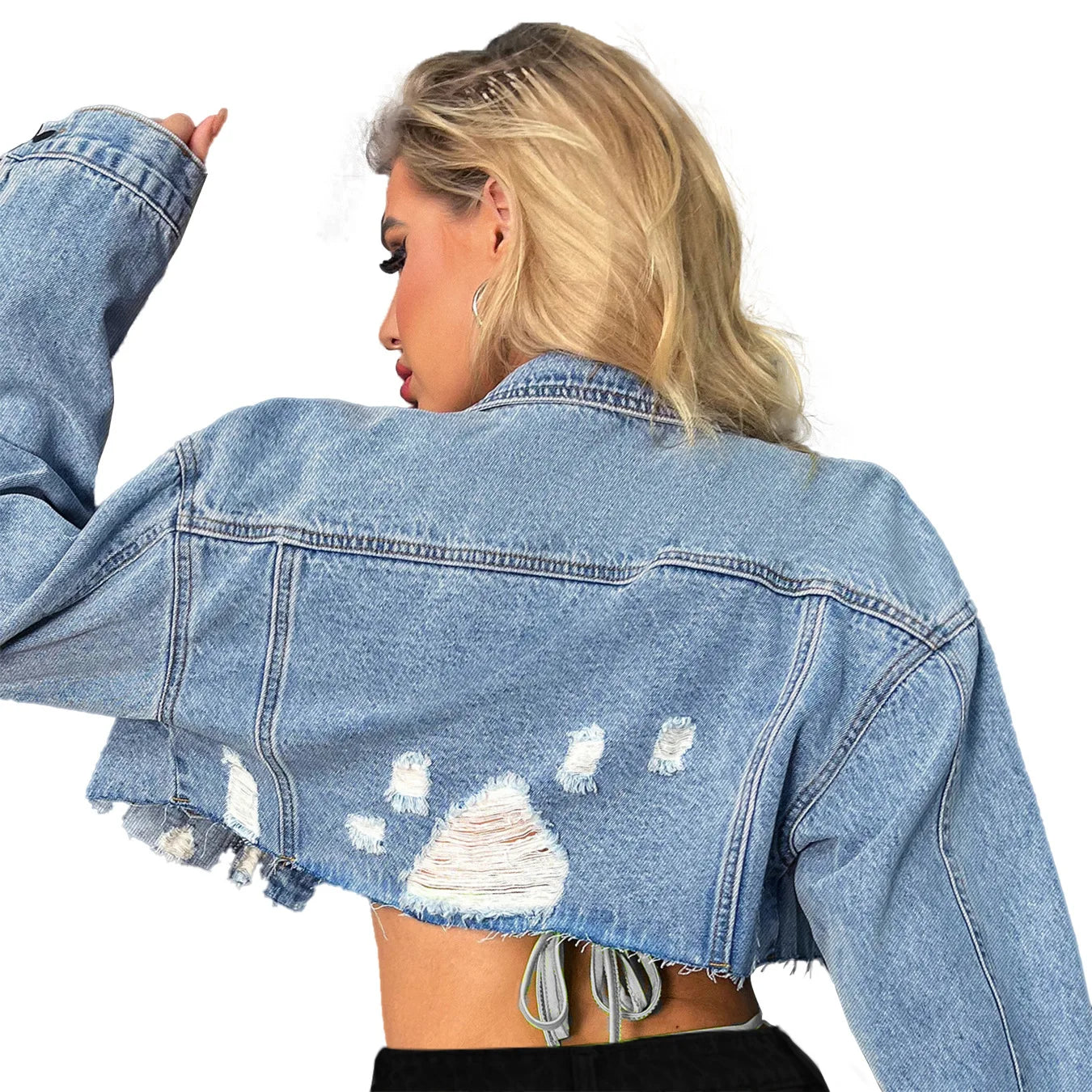 2024 Broken Holes Short Denim Jacket Women Single-breasted Cardigan Outerwear Fashion Streetwear Female Autumn Lapel Coat New