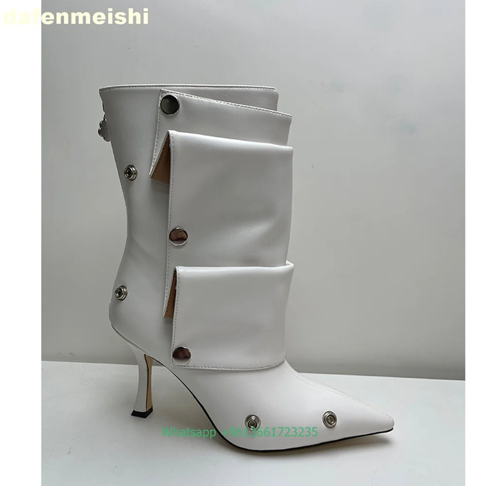 Pleated Stiletto Pointed Toe Leather Ankle Boots With Rivet Buckle For Women