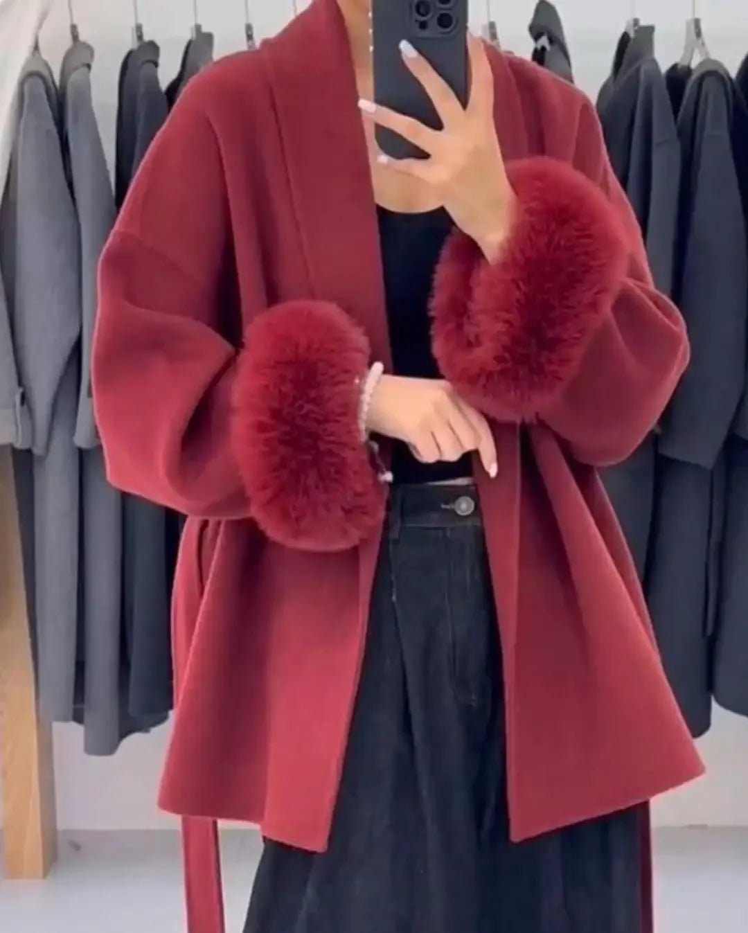 Faux Fur Wool Blend Longline Lapel Overcoat for Women
