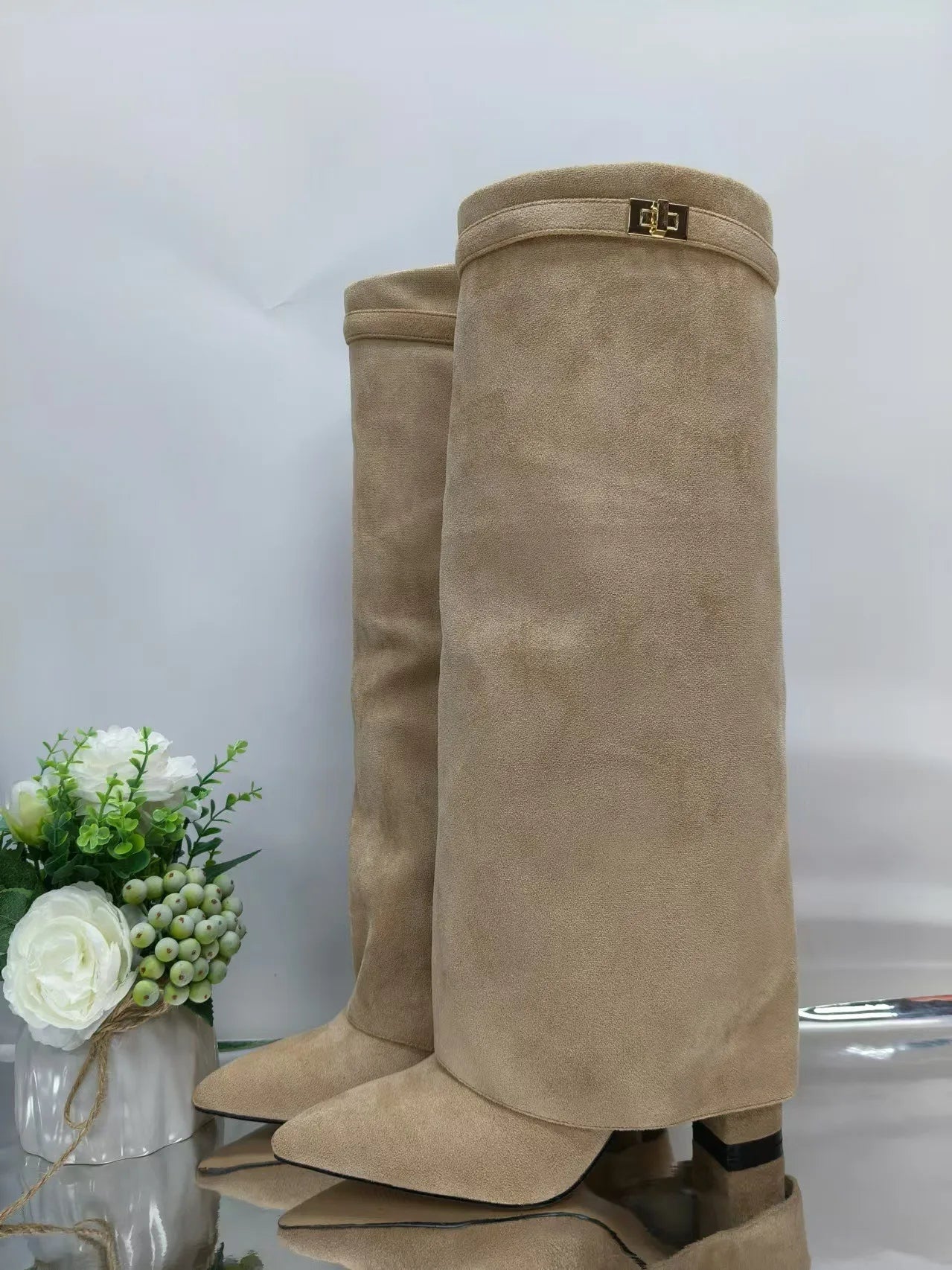 Pointed Toe Thick High Heel Mid Calf Boots for Women