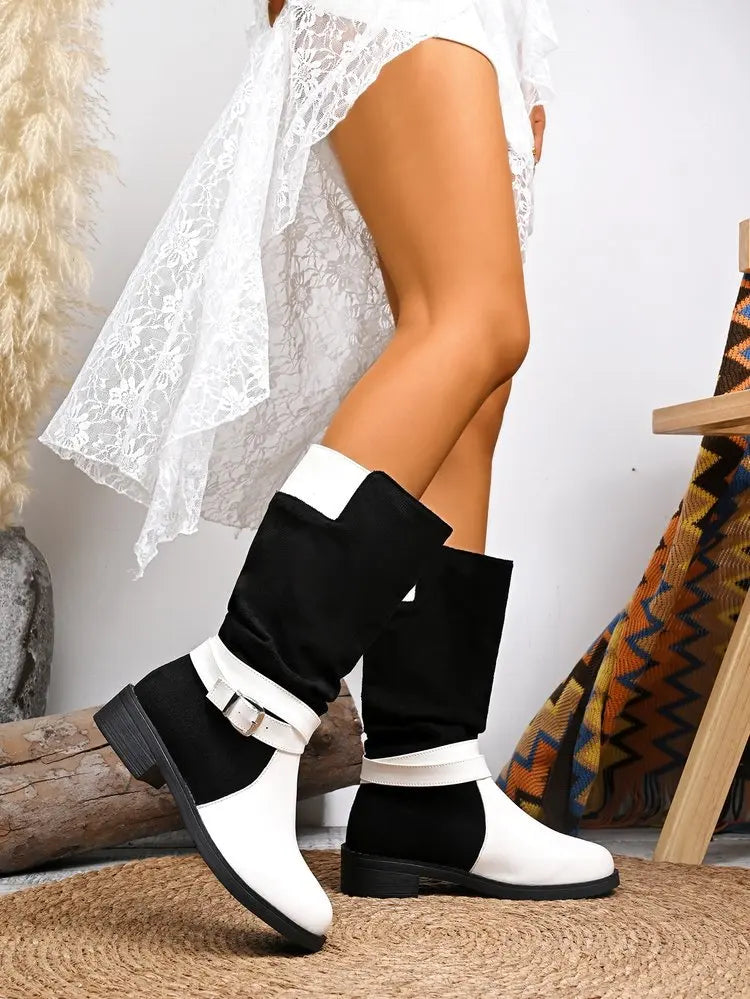 Women's large-sized black and white patchwork thigh-high knee-length fashion boots 2025 autumn/Winter round-toed boots