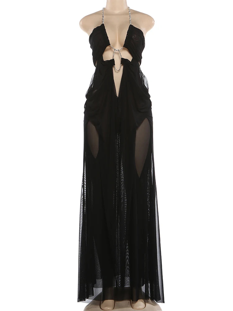 See-Through Halter Chain With Sleeveless Low-Neck Backless Gown for Women