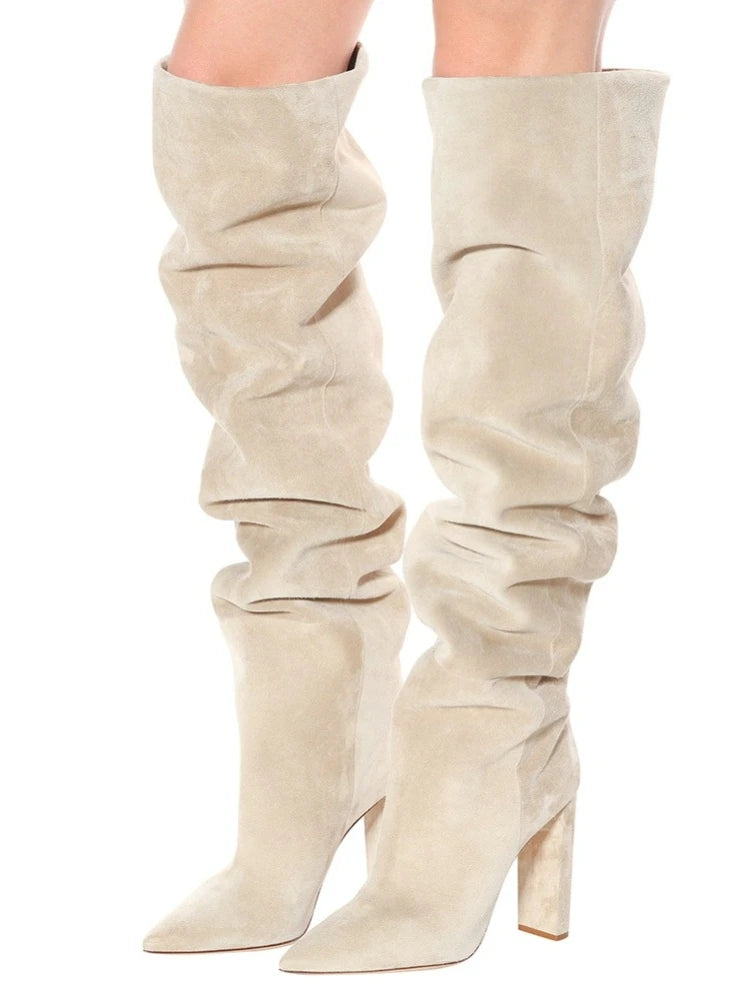 Beige Square Heel Slip-On Over-the-Knee Boots for Women