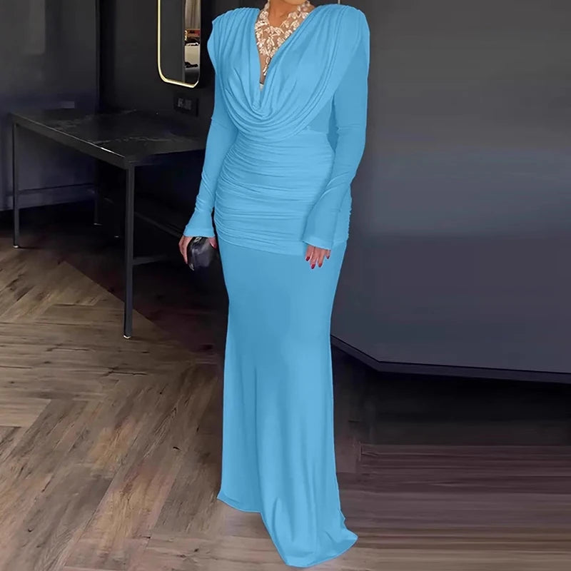 Elegant Patchwork V Neck Long Sleeve Maxi Dress for Women