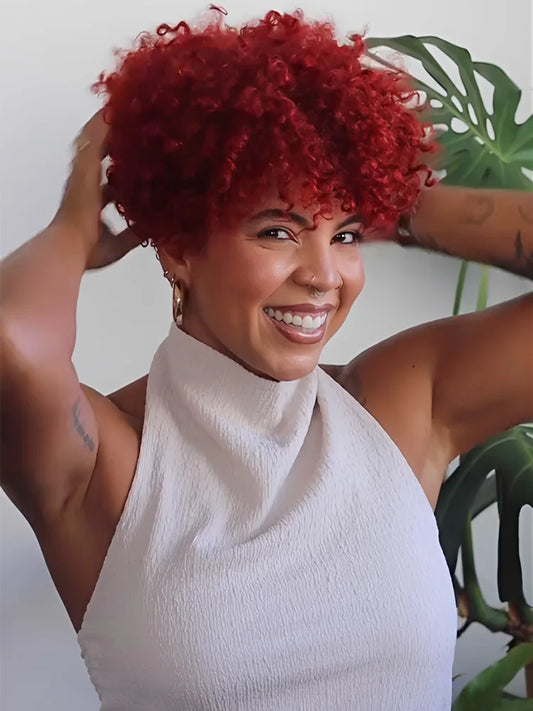 Burgundy Short Curly Pixie Bob Human Hair Wig for Women