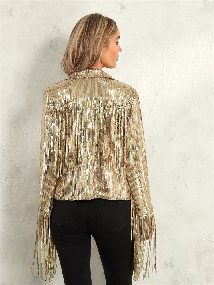 Glam Eighties Inspired Sequin Tassel Lapel Open Front Jacket for Women