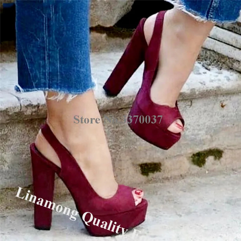 Purple Suede Chunky Heel Platform Peep Toe Pumps for Women