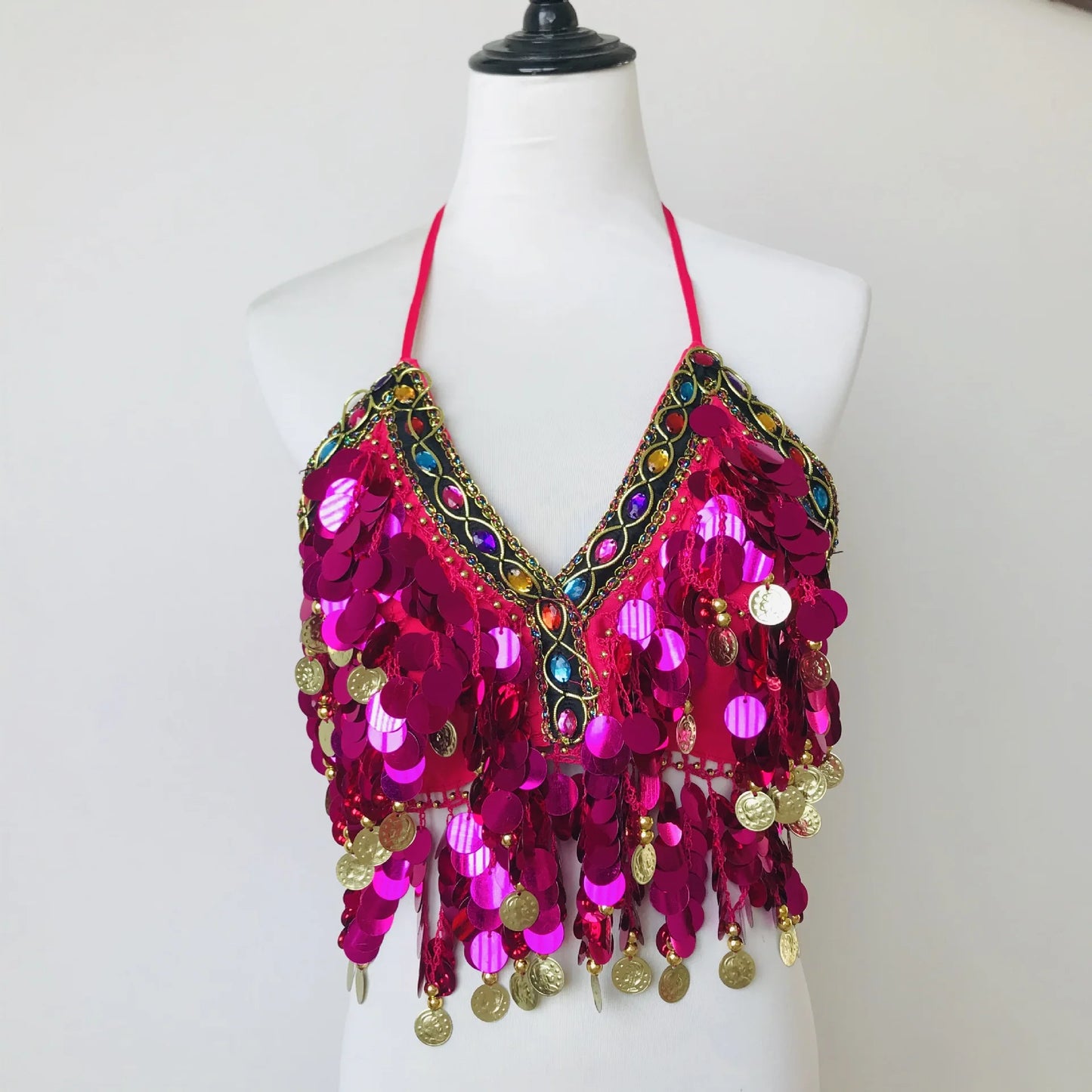 Shiny Colored Sequin Diamond Halter Crop Top for Women