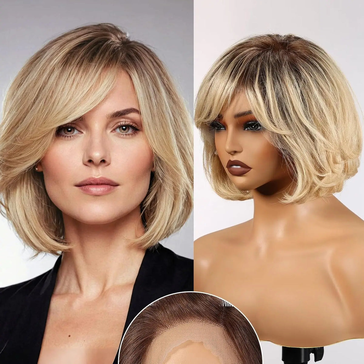 Short Wavy Lace Front Bob Wig With Blonde Highlights For Women