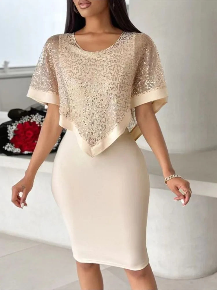 Sequin Short Sleeve Slim Fit Knee Length Dress for Women