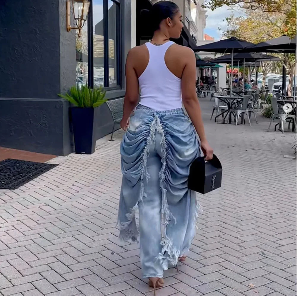 Washed Patchwork Denim Straight Pleated Pants For Women