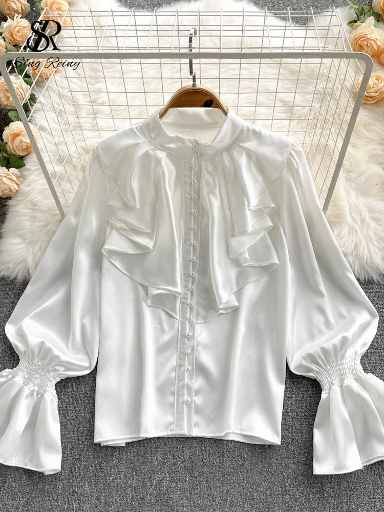 Elegant Satin Ruffle Long Sleeve Blouse for Women