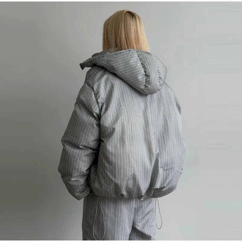 Striped Hooded Puffer Jacket and Wide Leg Pants Set for Women