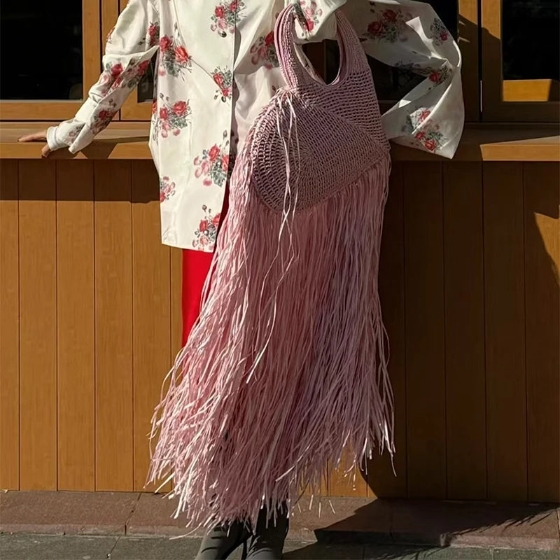 Creative Love Woven Underarm Bag Bohemian Tassel Fashion Design Large Capacity Handheld Beach Bag Hand-woven Tassel Women's Bag