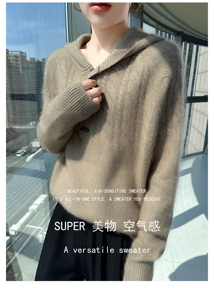 Chunky Knit Loose Hooded Pullover Sweater for Women