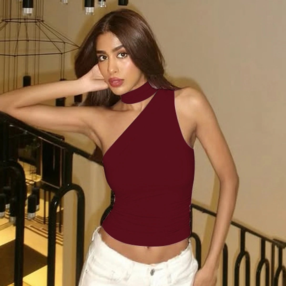Leopard Print One Shoulder Slim Crop Tank Top for Women