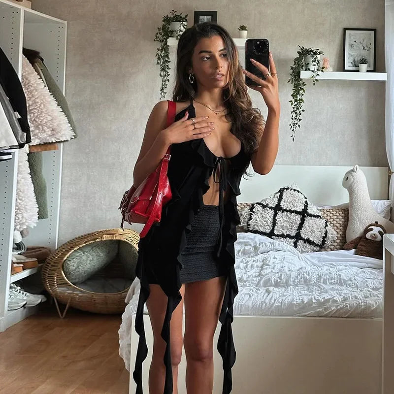 Y2K Sheer Mesh Spaghetti Strap Camisole Top White Ruffle Fringe Halter Tops Coquette Fairy Core Clothes 2024 Fashion