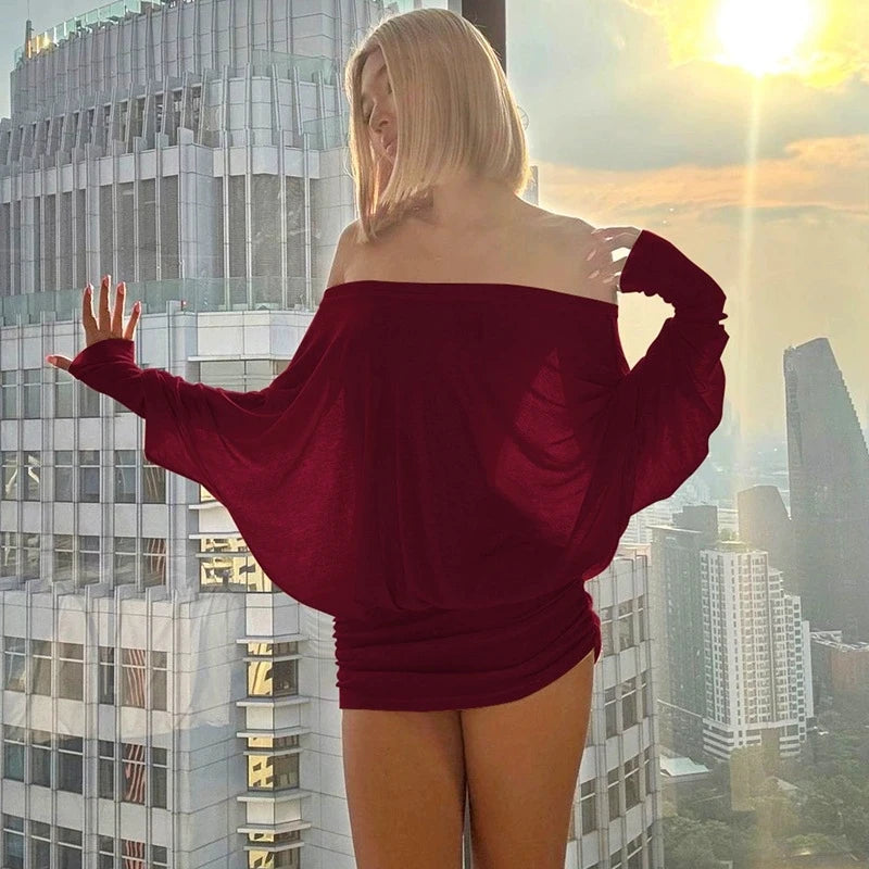Elegant Ruched Off Shoulder Knit Mini Dress For Women