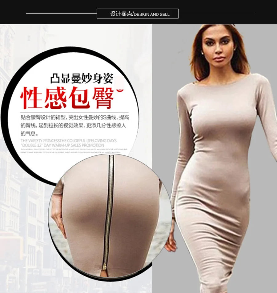 Solid Color Backless Zipper Hip Slit Slim Midi Dress for Women