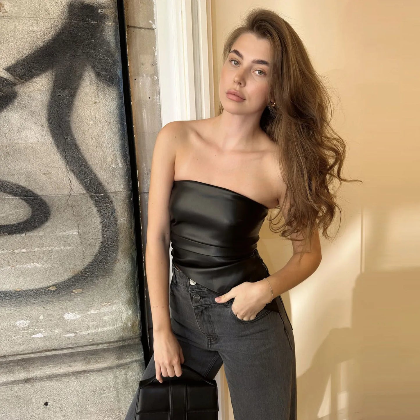 Zippered PU Leather Tube Top