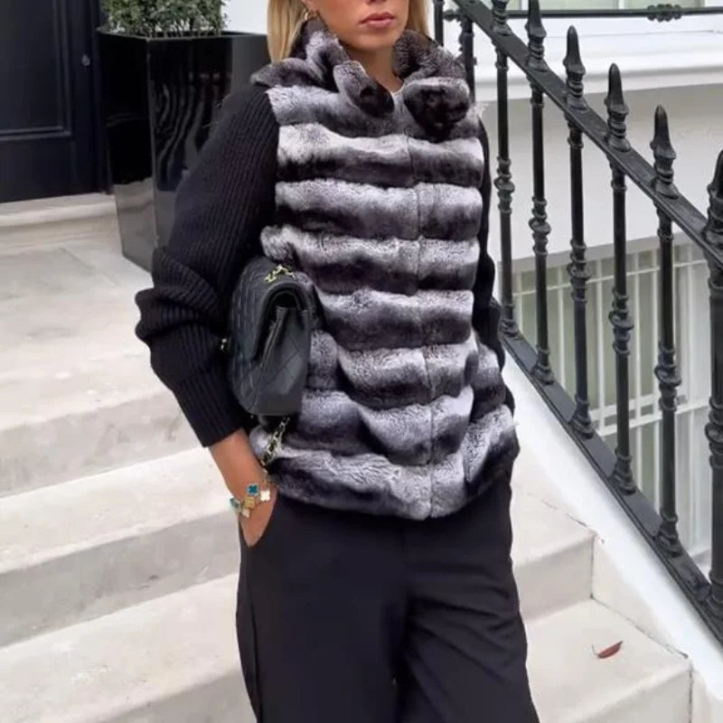 Faux Fur Patchwork Knit Coat With High Collar for Women