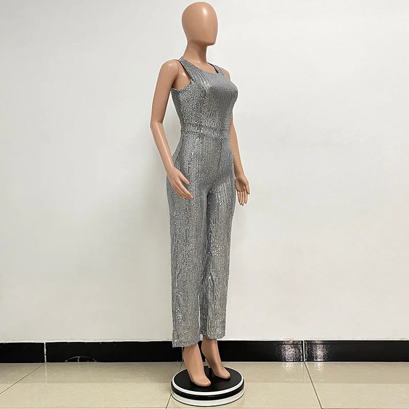 Elegant Silver Sequined Straight Cut Jumpsuit for Women