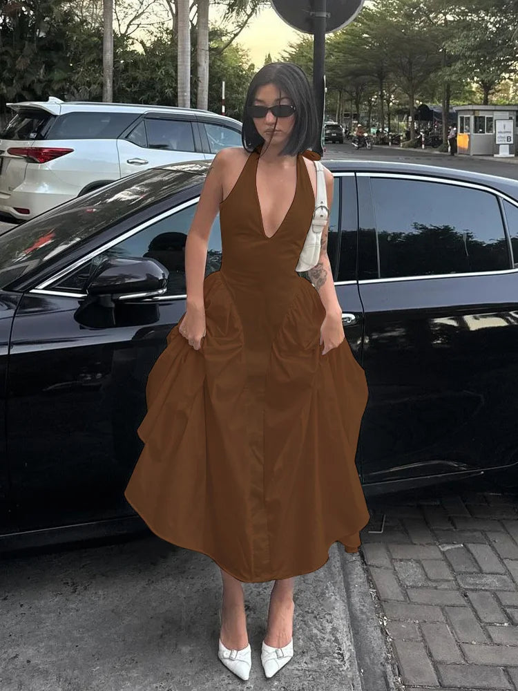 Elegant Halter V Neck Backless Maxi Dress For Women