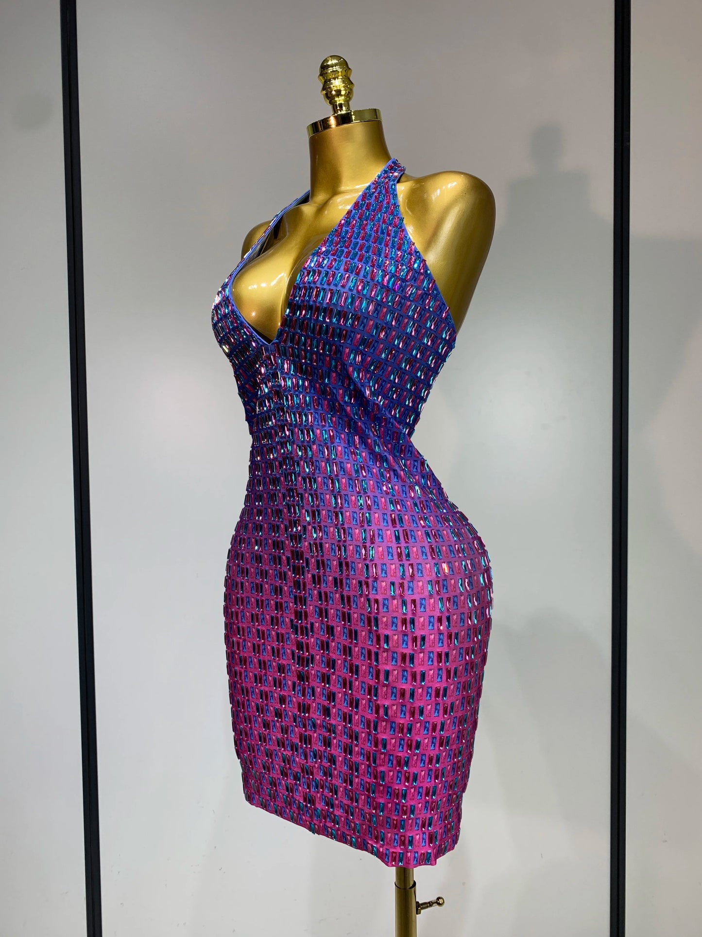 Women Sexy Halter Bodycon Dress Gadient Sparkly Rhinestones V Neck Backless Luxury Birthday Singer Stage Costume Cocktail Dress