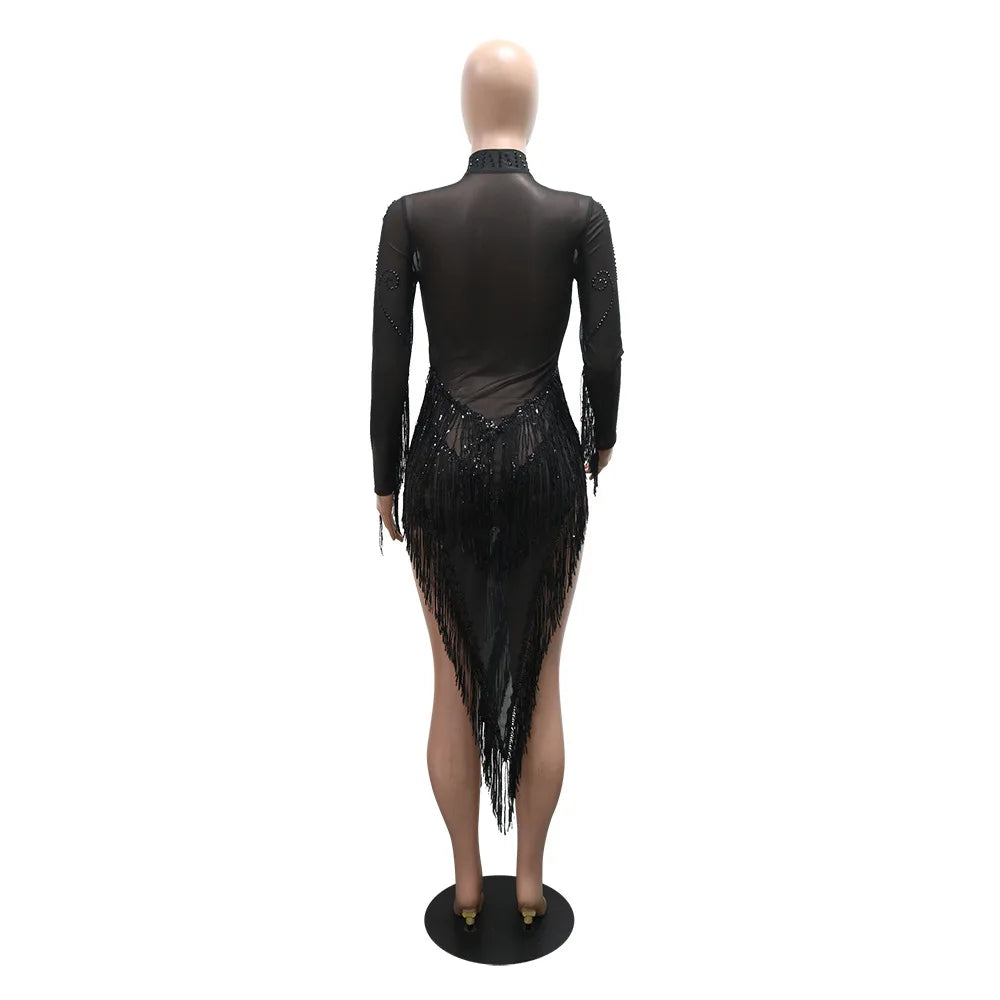 Rhinestone Mesh Tassel Bodycon Mini Dress for Women