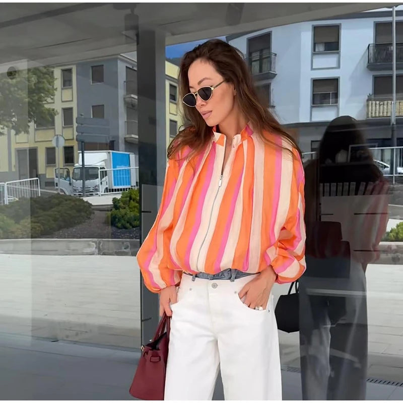 Elegant Striped with Stand Collar Jacket for Women