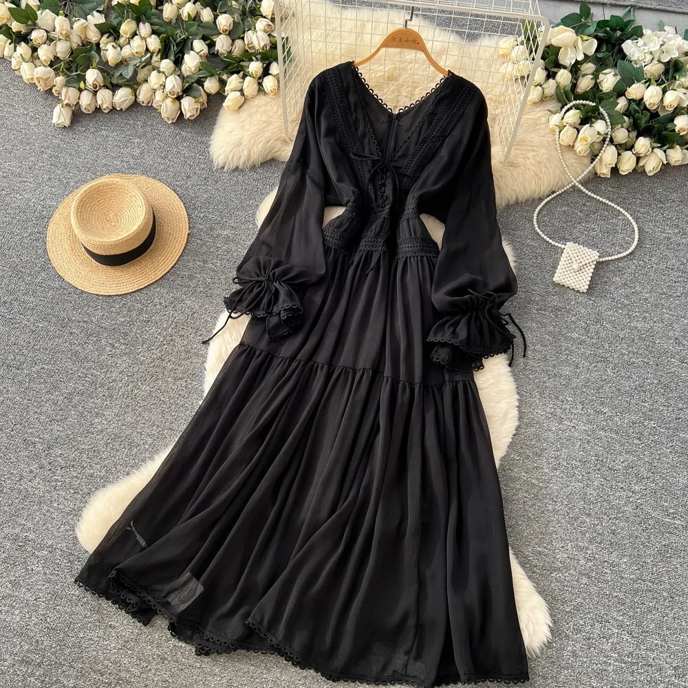 Elegant French V-Neck Waist-Cinching Maxi Dress for Women