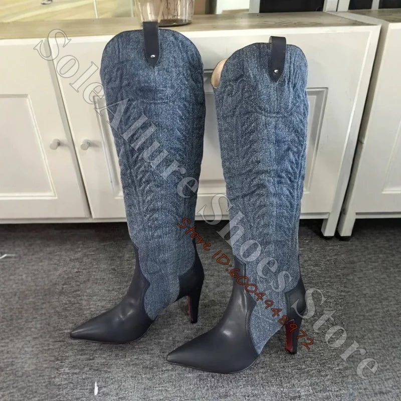 Black Embroidered Western Knee High Boots for Women