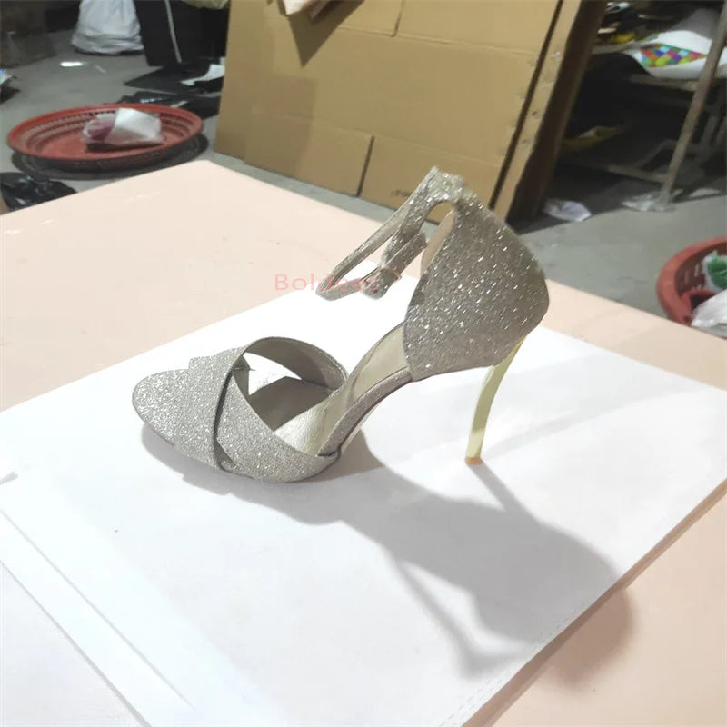 Crystal Glitter Thin Heel Wedding Bridal Ankle Buckle Sandals For Women