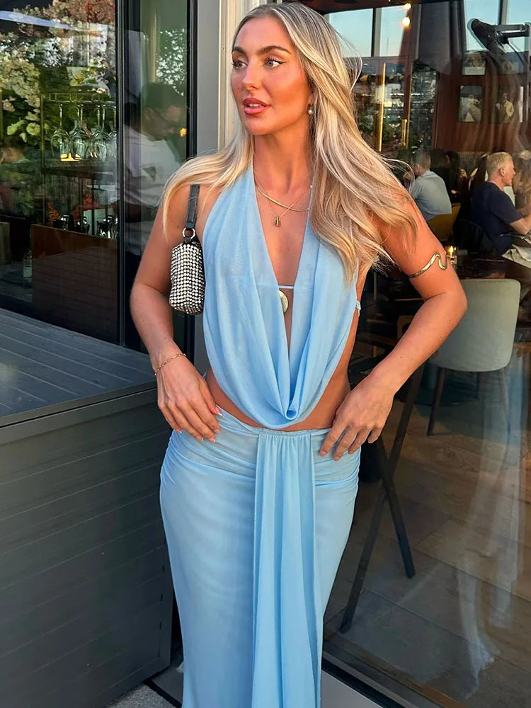 Halter Neck Tank and Pleated Maxi Skirt Two Piece Set for Women