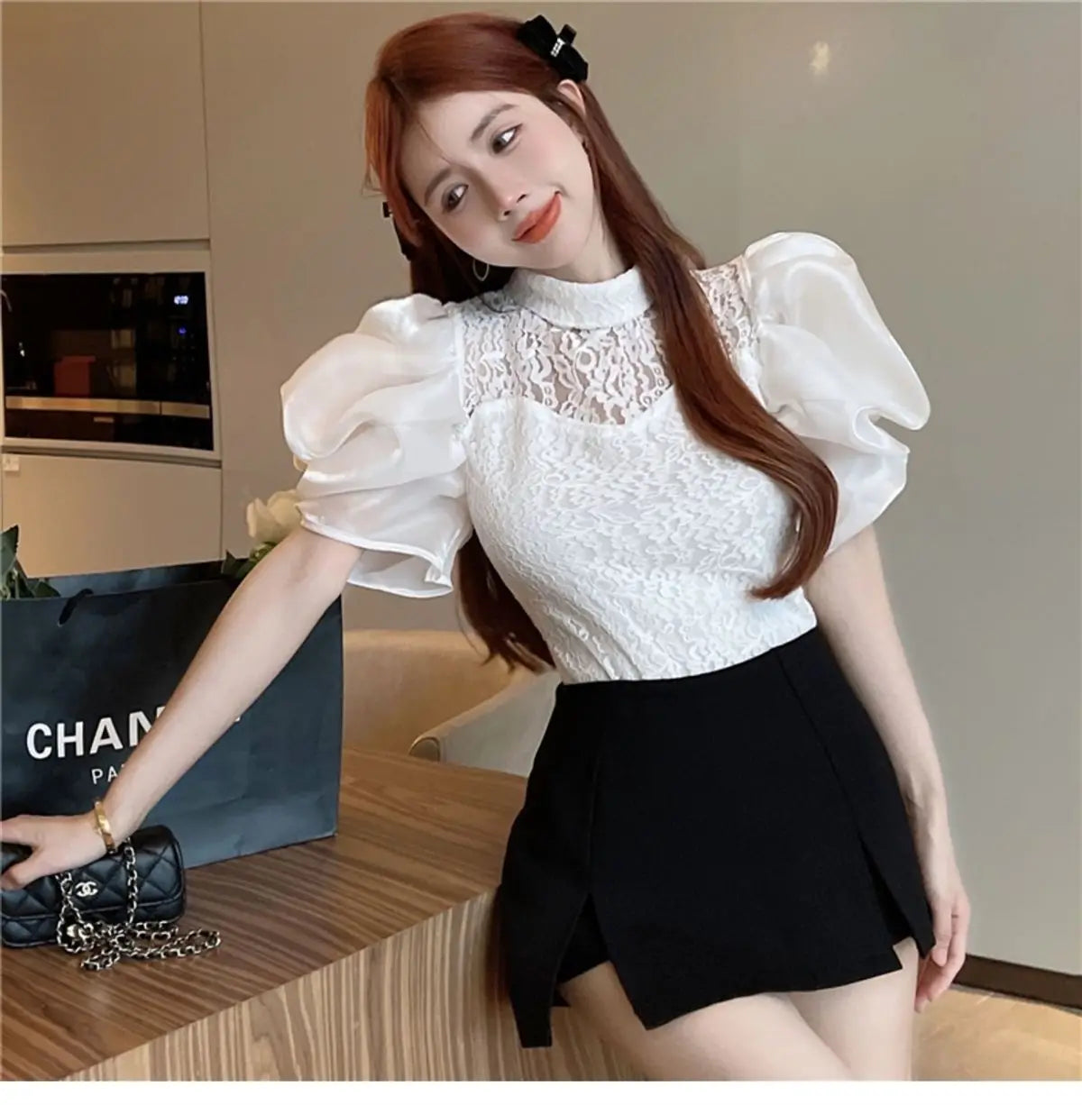 Korean V-Neck Bubble Sleeve Irregular Pleated Top for Women