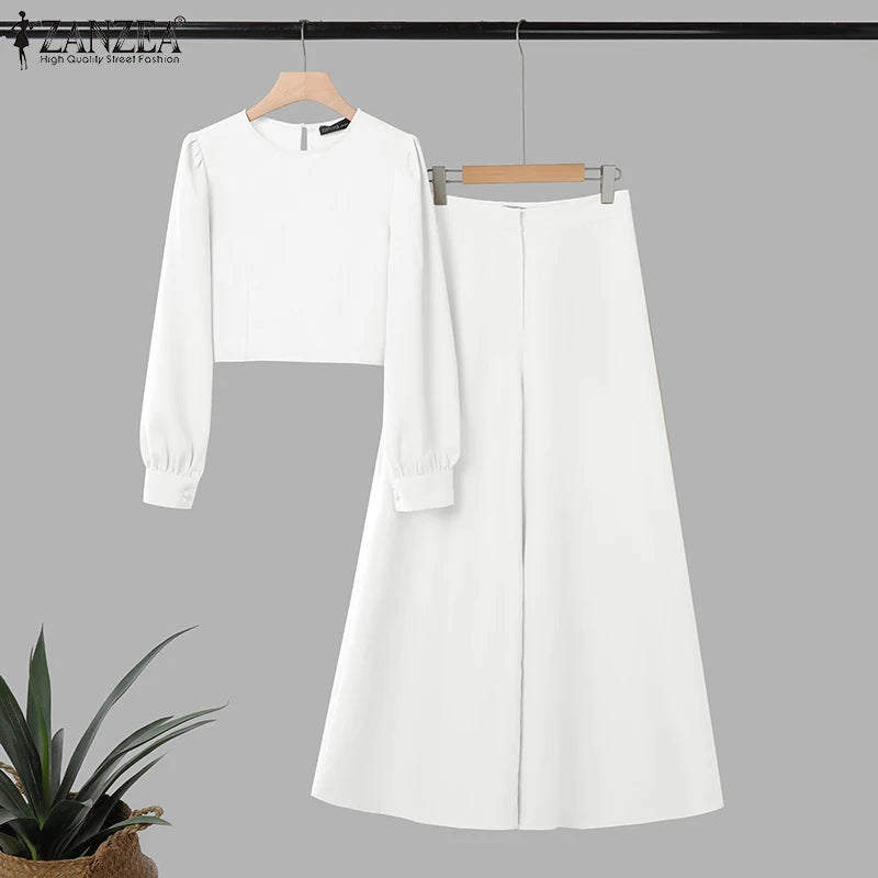 2025 Autumn Pant Sets ZANZEA Fashion 2PCS Women Outfits Solid Tracksuits Suit Long Sleeve Blouses Wide Leg Trousers 2 Piece Set