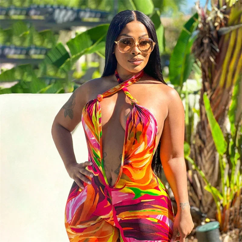Bohemian Print Halter Neck Backless Wide Leg Jumpsuit for Women