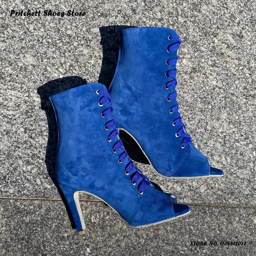 White Lace Up Heeled Open Toe Ankle Boots for Women