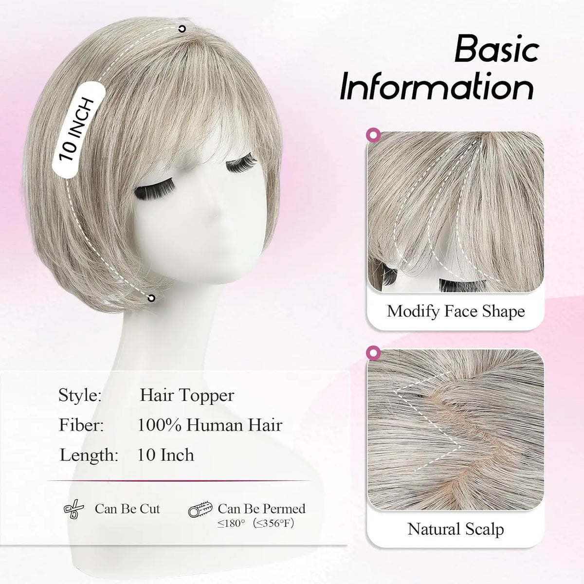 Silver Gray Remy Human Hair Topper With Bangs For Women