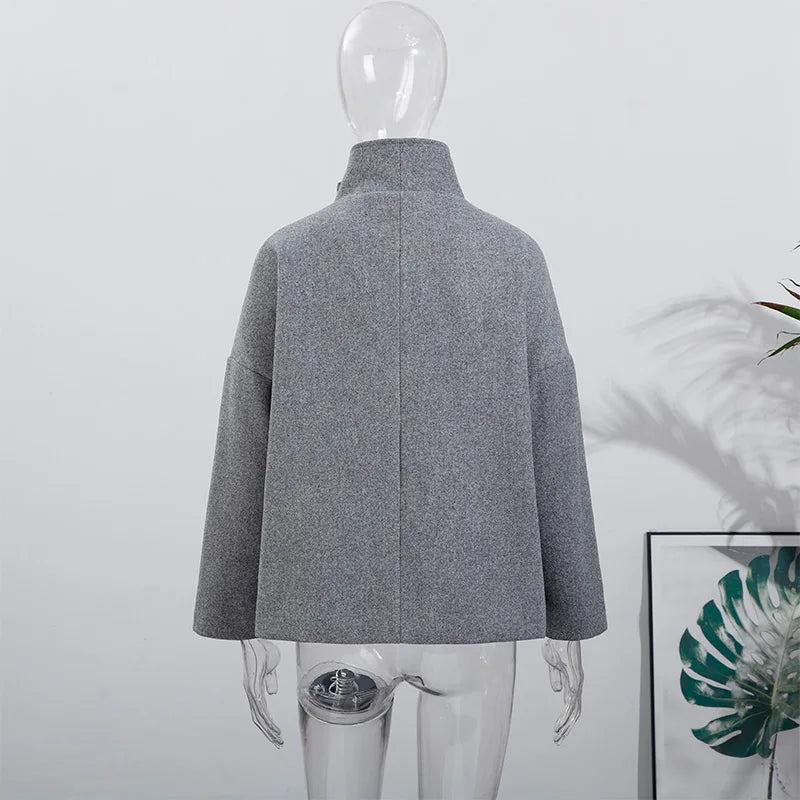 Solid Double Breasted Stand Collar Long Sleeve Overcoat for Women
