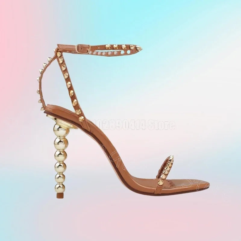Rose Red Spiked Buckle Strap Heel Sandals for Women